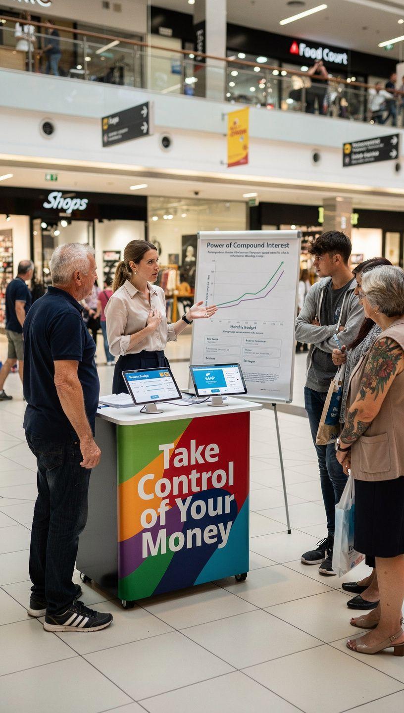 Interaktív pénzügyi oktató stand gyerekeknek és felnőtteknek, bemutatva a megtakarítás és befektetés alapjait.
