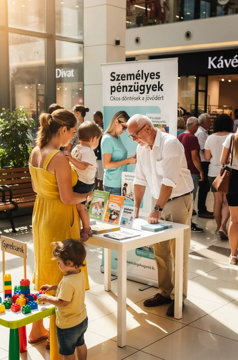 Személyes pénzügyi blog poszter egy bevásárlóközpontban, ahol oktató könyveket és eszközöket kínálnak a látogatóknak.