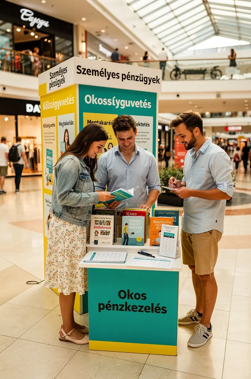 Élő pénzügyi tanácsadás egy pop-up standnál, ahol szakértők segítik az érdeklődőket a költségvetés készítésében.